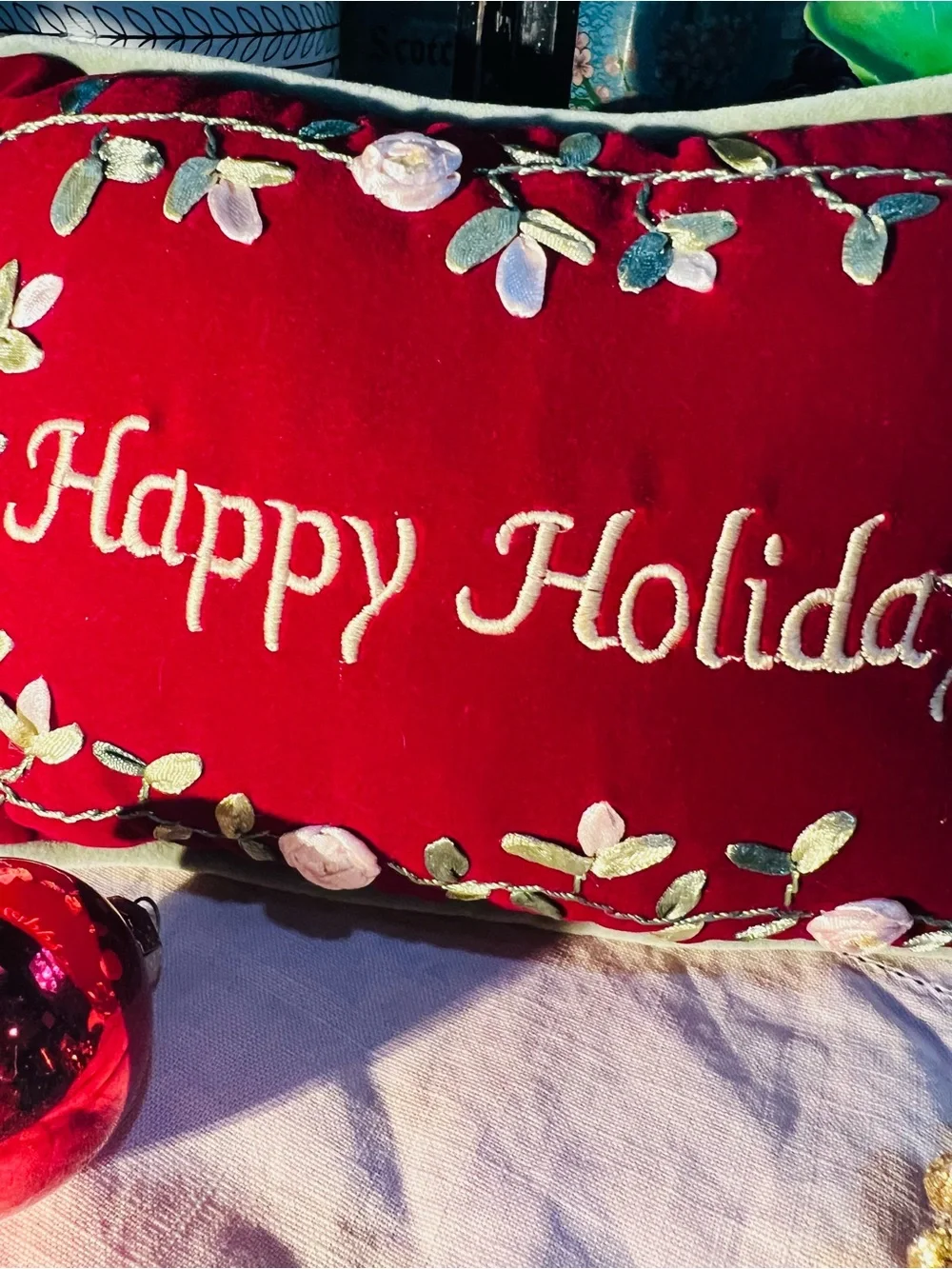 Embroidered 'Happy Holidays' Red Christmas Pillow Like New!